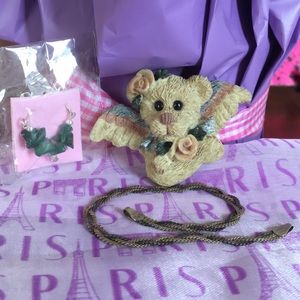 Angel teddy bear pin, silver bracelet & earrings
